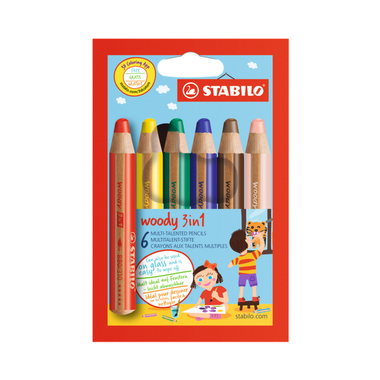 Kredki dla dzieci Stabilo Woody 3w1 – kredka ołówkowa + woskowa + akwarela 6 kol.